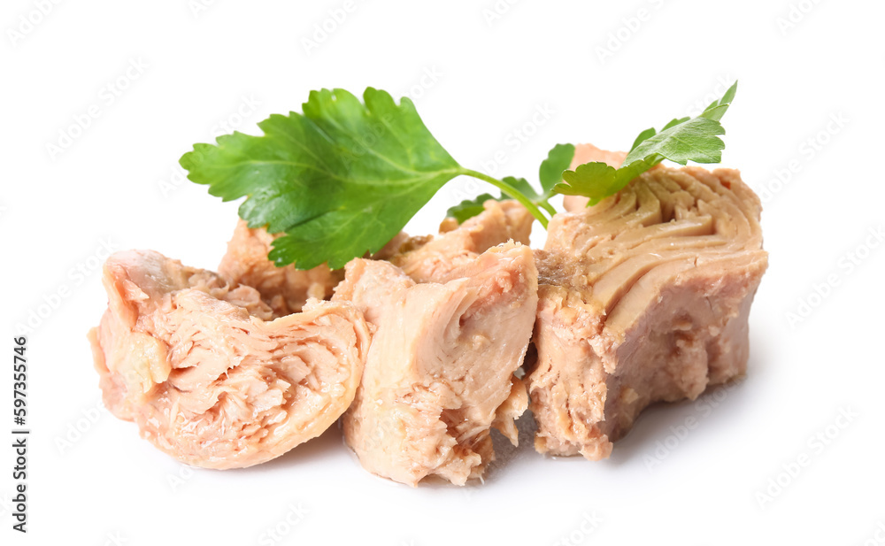 Delicious canned tuna with fresh herbs isolated on white background