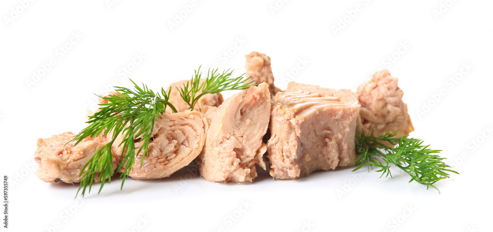 Delicious canned tuna with fresh herbs isolated on white background