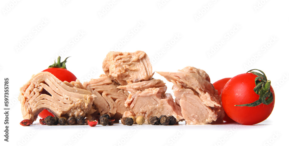 Delicious canned tuna with fresh tomatoes and peppercorn isolated on white background