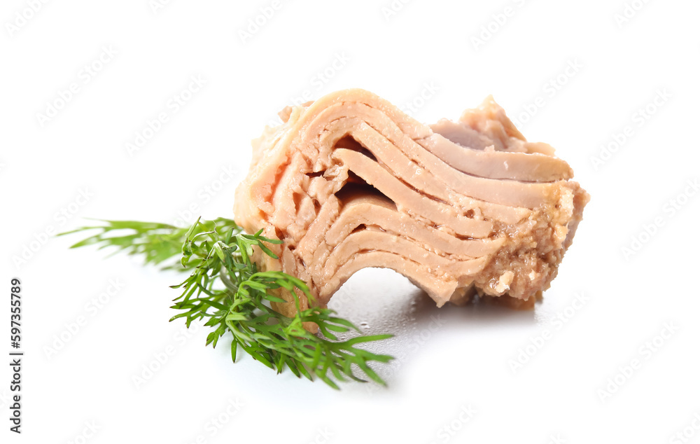 Delicious canned tuna with fresh herbs isolated on white background