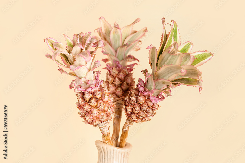 Vase with decorative pineapples on beige background, closeup