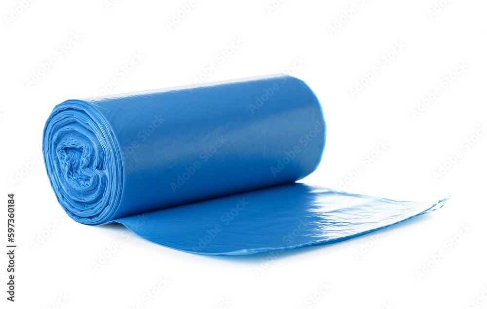 Blue roll of garbage bags on white background