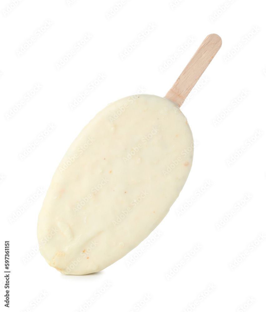 Delicious chocolate covered ice cream on stick against white background