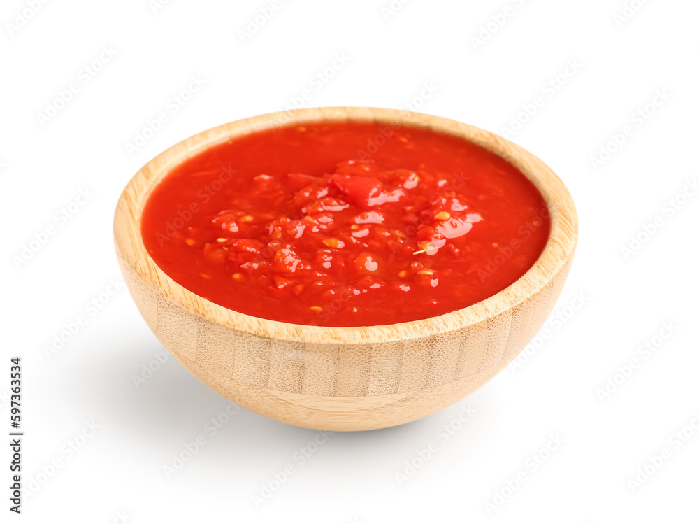 Bowl with tasty tomato sauce on white background