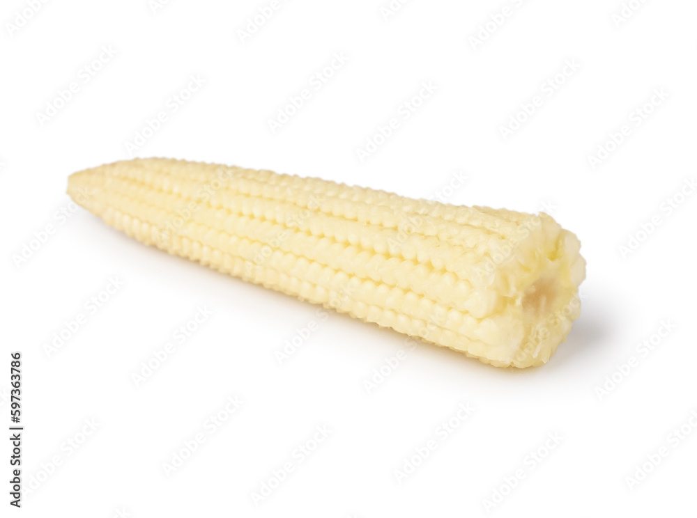 Tasty canned corn cob on white background