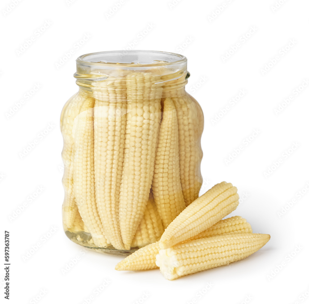 Jar of tasty canned corn cobs on white background