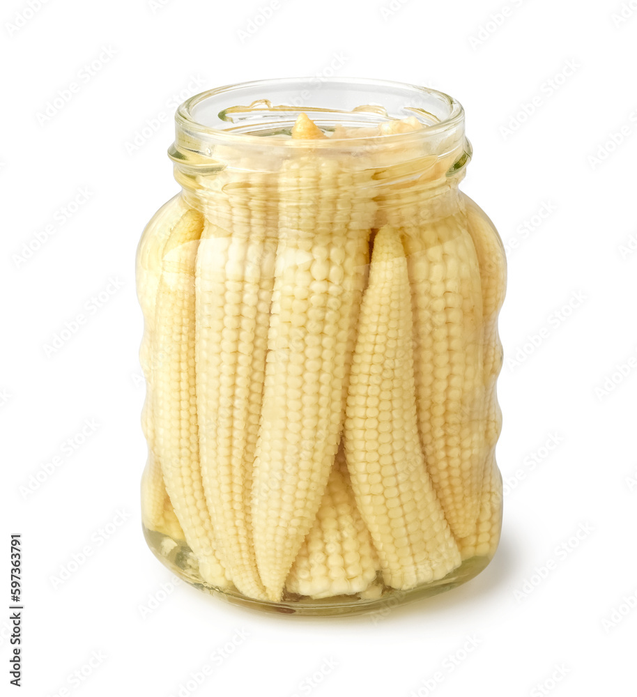 Jar of tasty canned corn cobs on white background