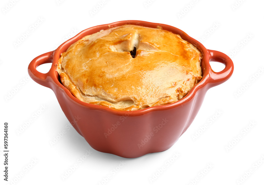 Tasty meat pot pie on white background