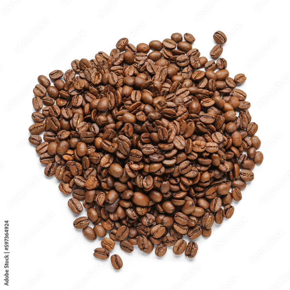 Heap of coffee beans isolated on white background