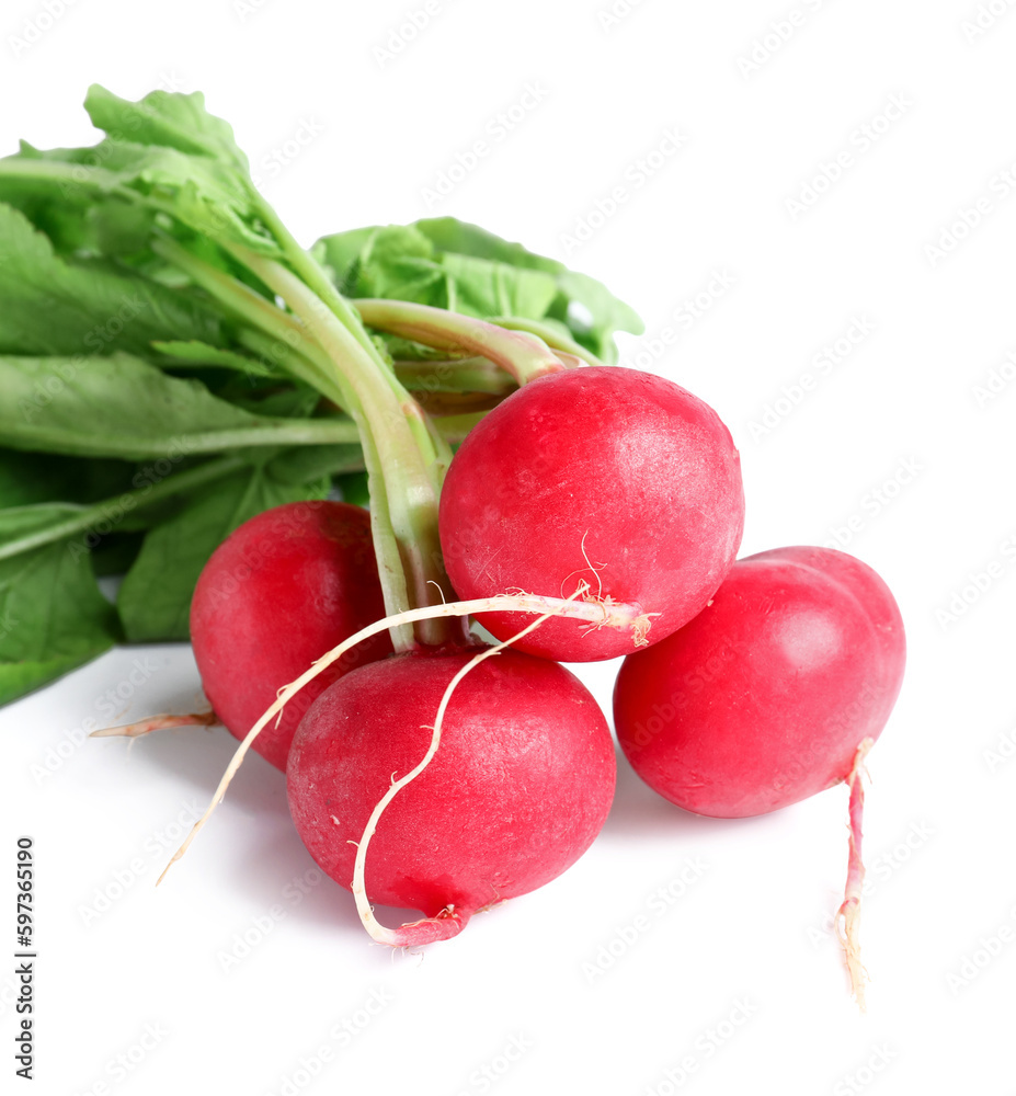 Fresh radishes with leaves on white background