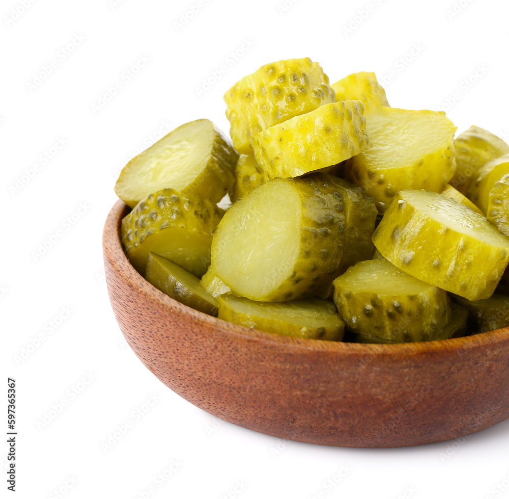 Bowl with tasty fermented cucumbers on white background