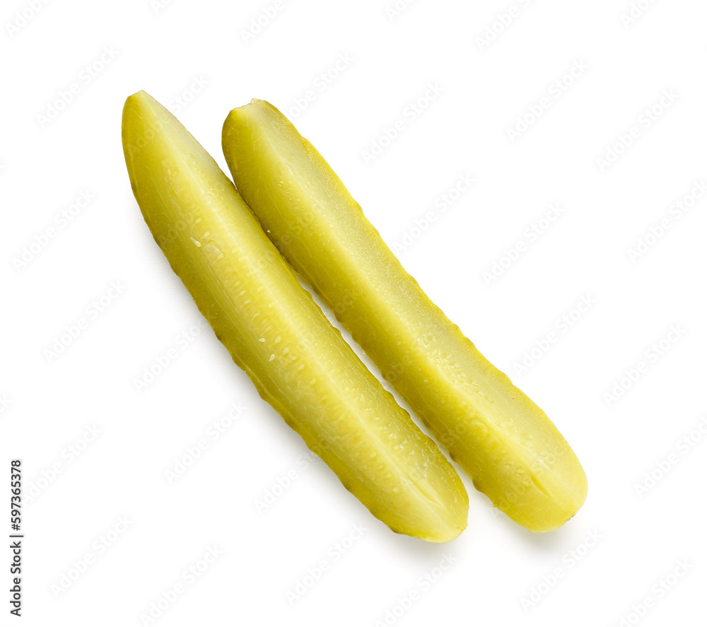 Tasty fermented cucumber slices on white background