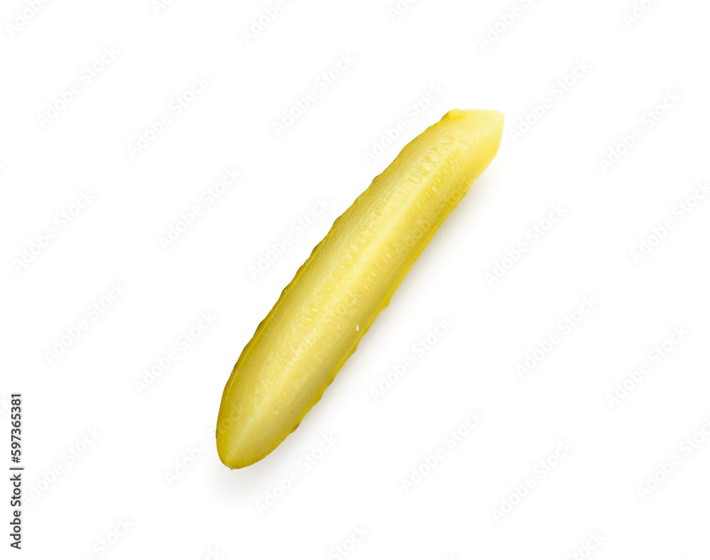 Tasty fermented cucumber slice on white background