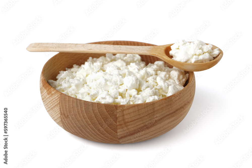 Bowl and spoon with tasty cottage cheese on white background