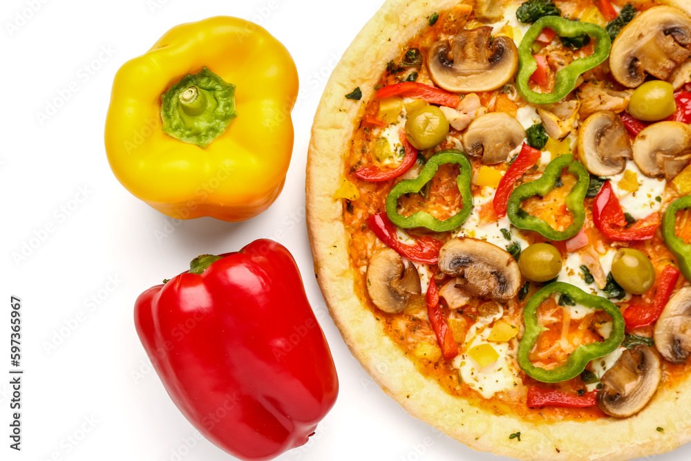 Vegetable pizza with peppers on white background