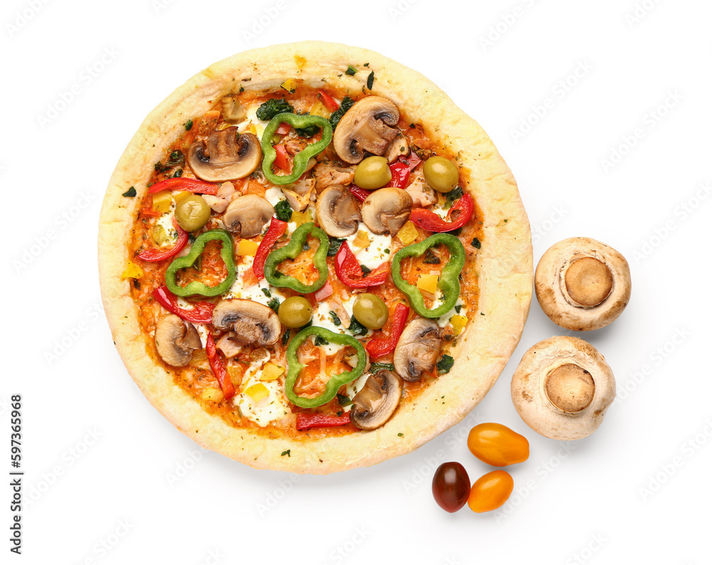 Vegetable pizza with ingredients on white background