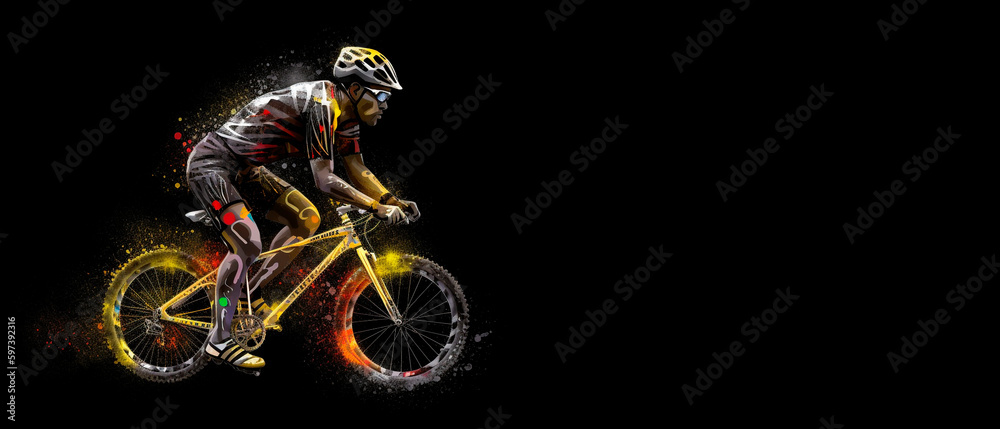 Cyclist riding a bike on black background with copy space. for bicycle day. generative ai 