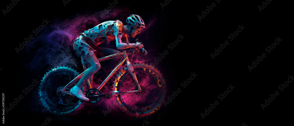 Cyclist riding a bike on black background with copy space. for bicycle day. generative ai.