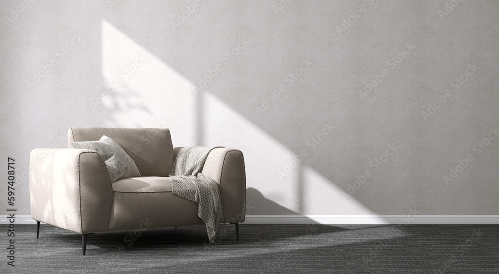 Beige cream thick cushion armchair, black steel leg in sunlight on white abstract texture wallpaper 