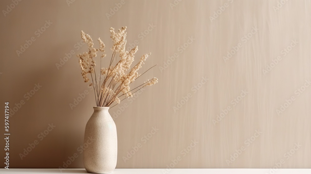 Vase with decorative dry plant branch against beige wall background. Minimalist interior mockup. Gen