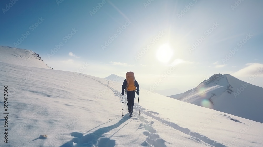 Explorer stand in front of high mountain peak winter snowy landscape. Generative AI