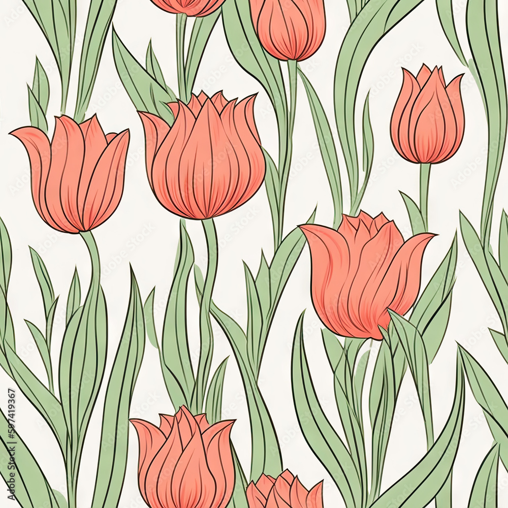 Tulip flower seamless pattern. Floral seamless background. Generative AI