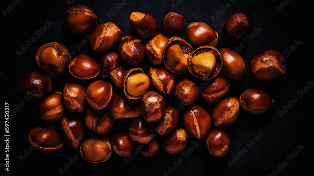 Many dried acorn nuts background. Top view on large group of nuts. Generative AI