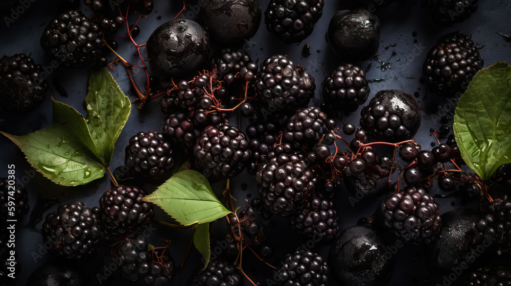 Fresh ripe elderberry with water drops background. Berries backdrop. Generative AI