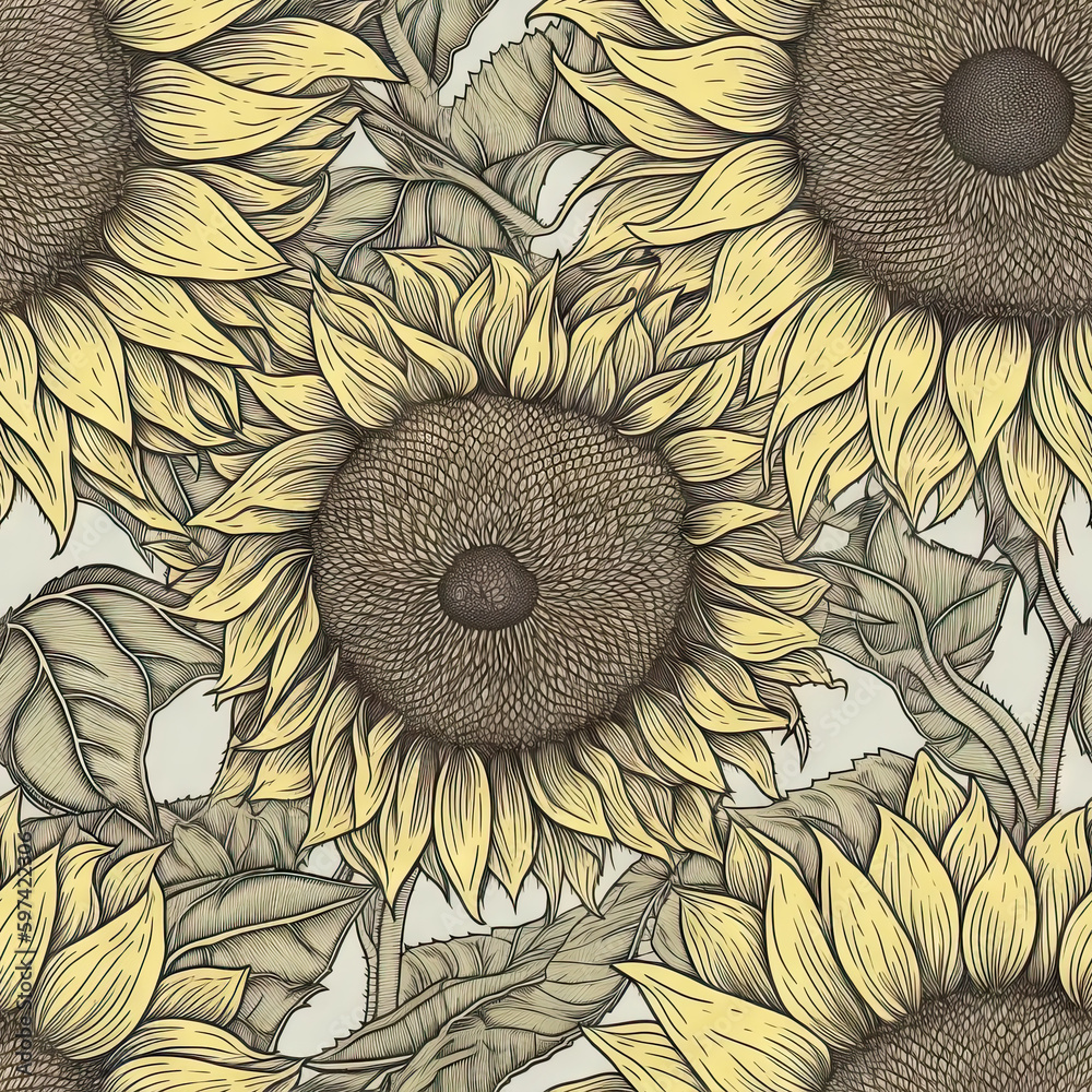 Sunflower flower seamless pattern. Floral seamless background. Generative AI