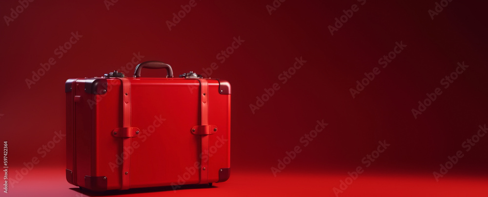 Red travel suitcase, on red background. Trip concept. Generative AI