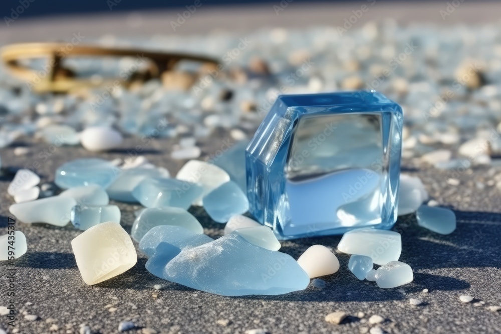 small blue box resting on a bed of assorted sea glass. Generative AI