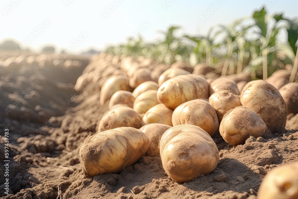 large heap of freshly harvested potatoes in a rural farm field. Generative AI