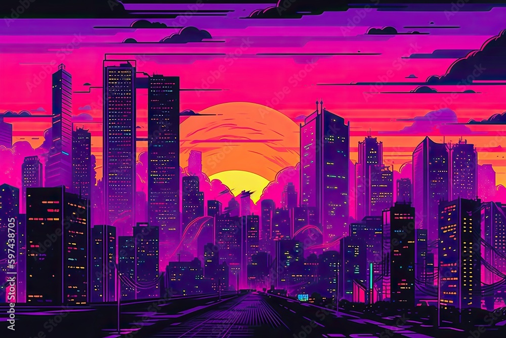 vibrant city skyline with a stunning sunset in the backdrop. Generative AI