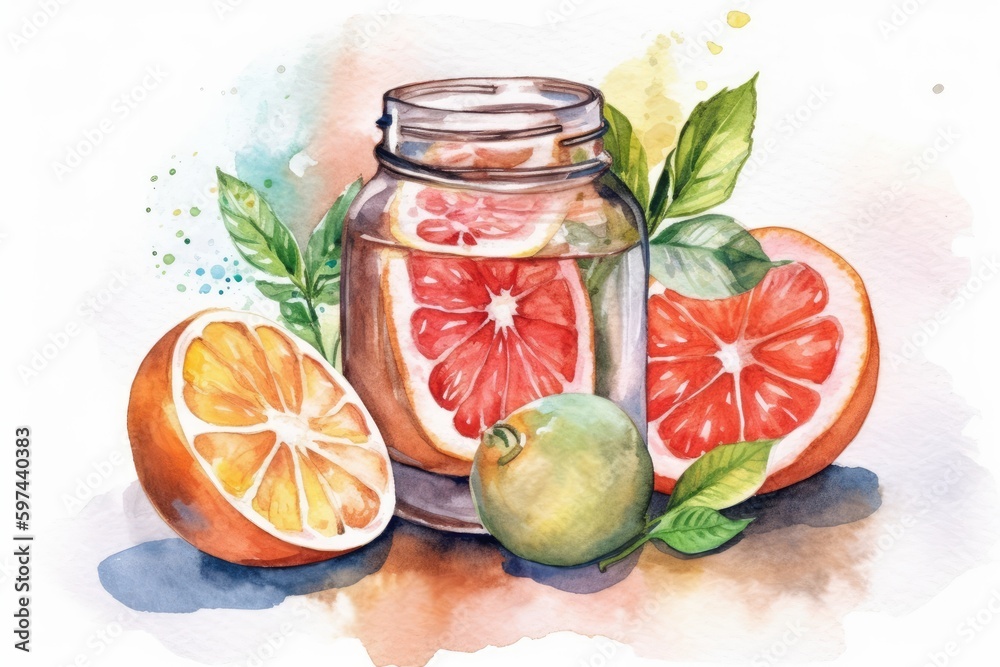 colorful watercolor painting featuring a jar filled with fresh fruits. Generative AI