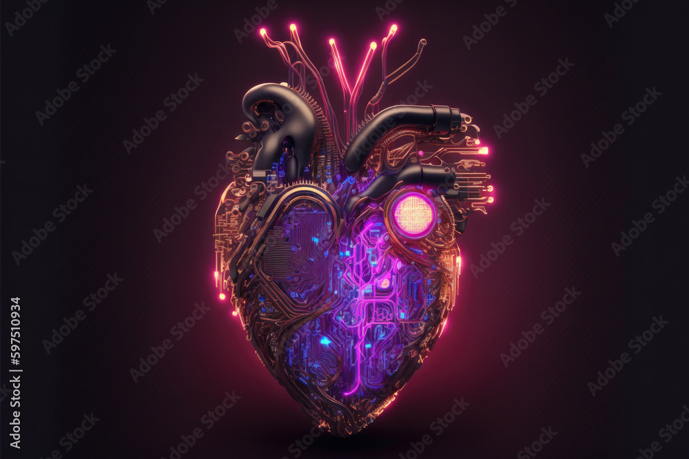 Cyberpunk high-tech neon glowing heart natural shape. Generative AI illustration.