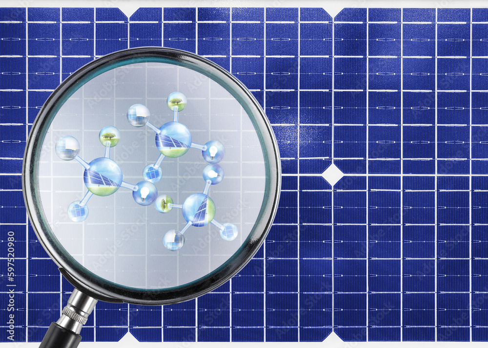 Solar panel, solar power plant, blue solar panel, renewable energy source, solar farm in 3D molecula