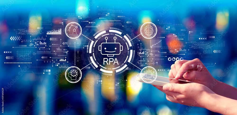 Robotic Process Automation theme with person using a smartphone at night