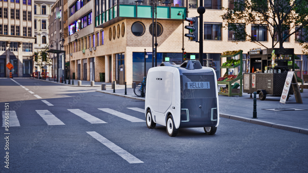 Autonomous delivery robot driverless on street, Smart vehicle technology concept, 3d render