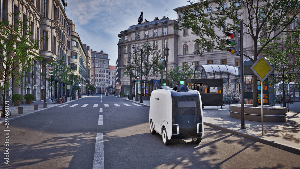 Autonomous delivery robot driverless on street, Smart vehicle technology concept, 3d render