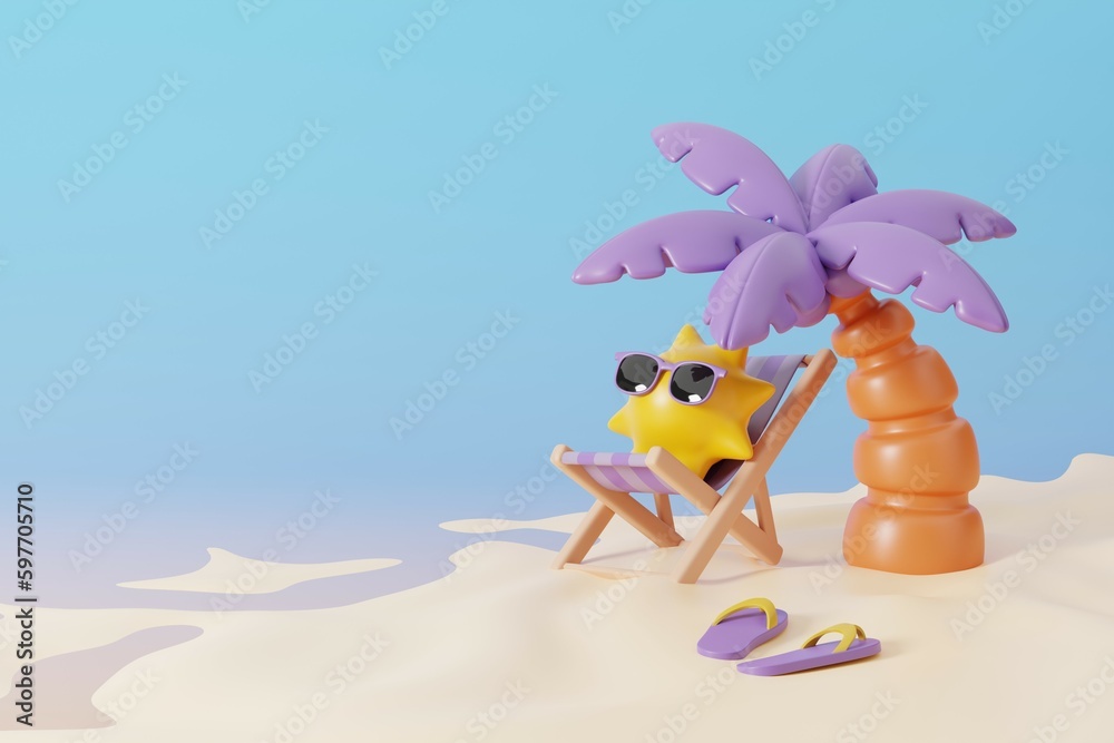 Summer background with the sun wears glasses while sitting on beach chair, coconut tree and slippers