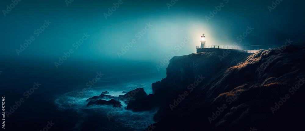 Lighthouse on a cliff edge in stormy and misty weather. Night landscape. Generative AI