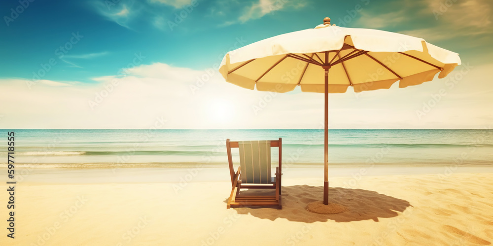 Beach chair and umbrella on beautiful beach. Travel paradise concept. Generative AI