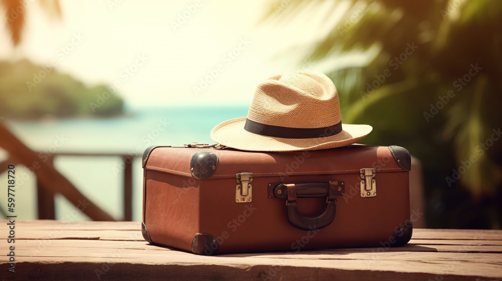 Suitcase, hat and accessories on the wooden floor with a sea background. Travel concept. Generative 