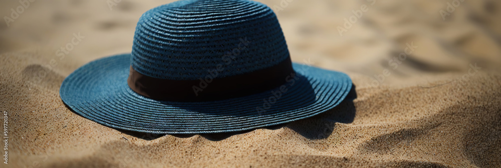 Hat on the sand with a sea background. Travel concept. Generative AI