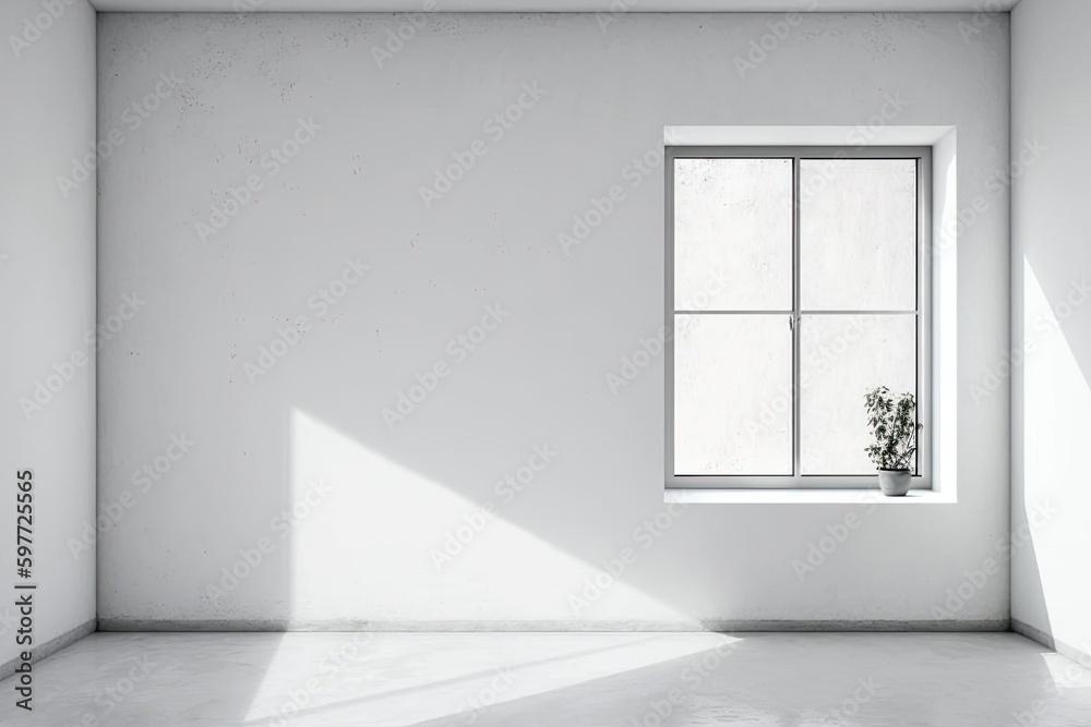 Minimalist White Room with Natural Elements such as a Window and a Potted Plant. Generative AI