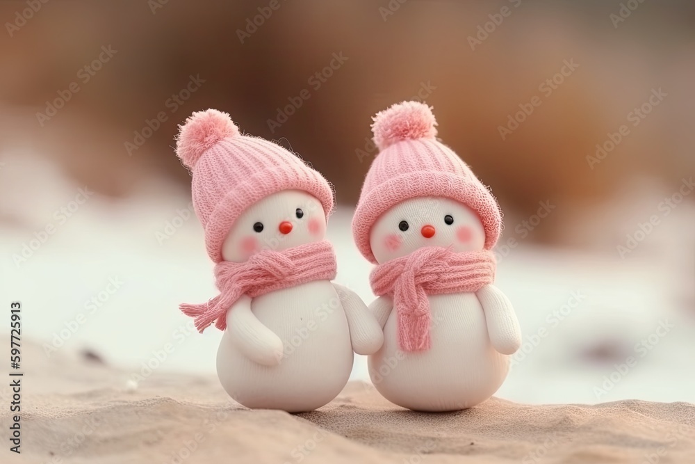 two cute snowmen with pink winter accessories. Generative AI