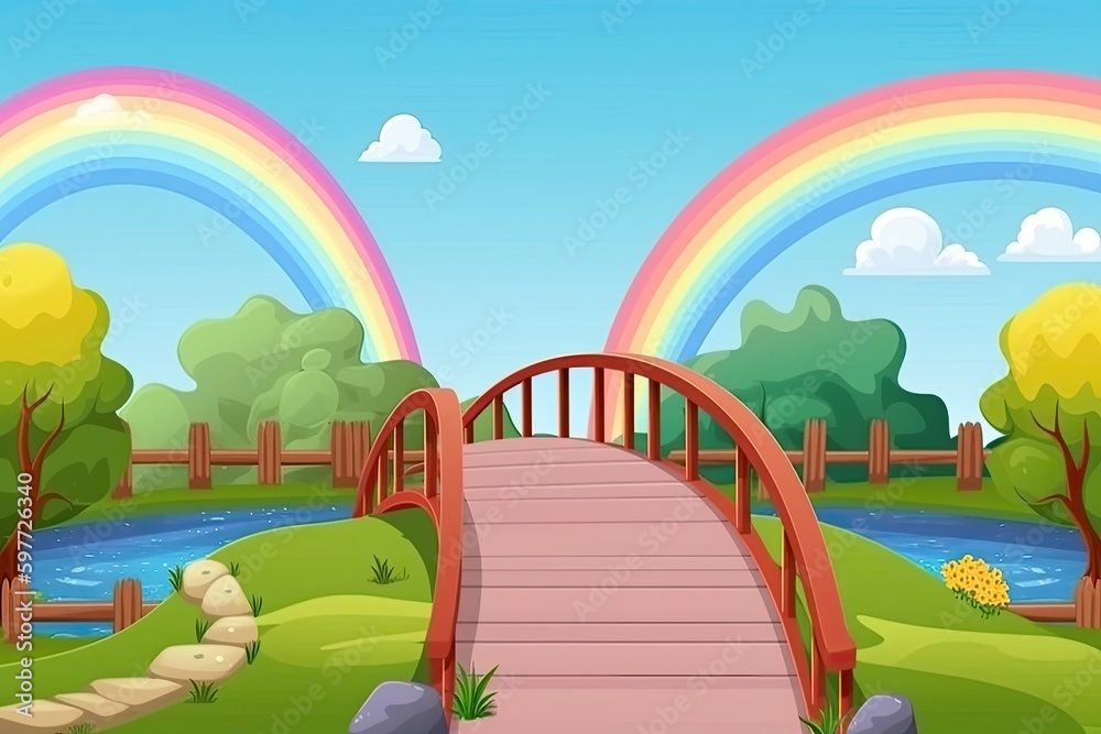 wooden bridge over a river with a colorful rainbow in the background. Generative AI