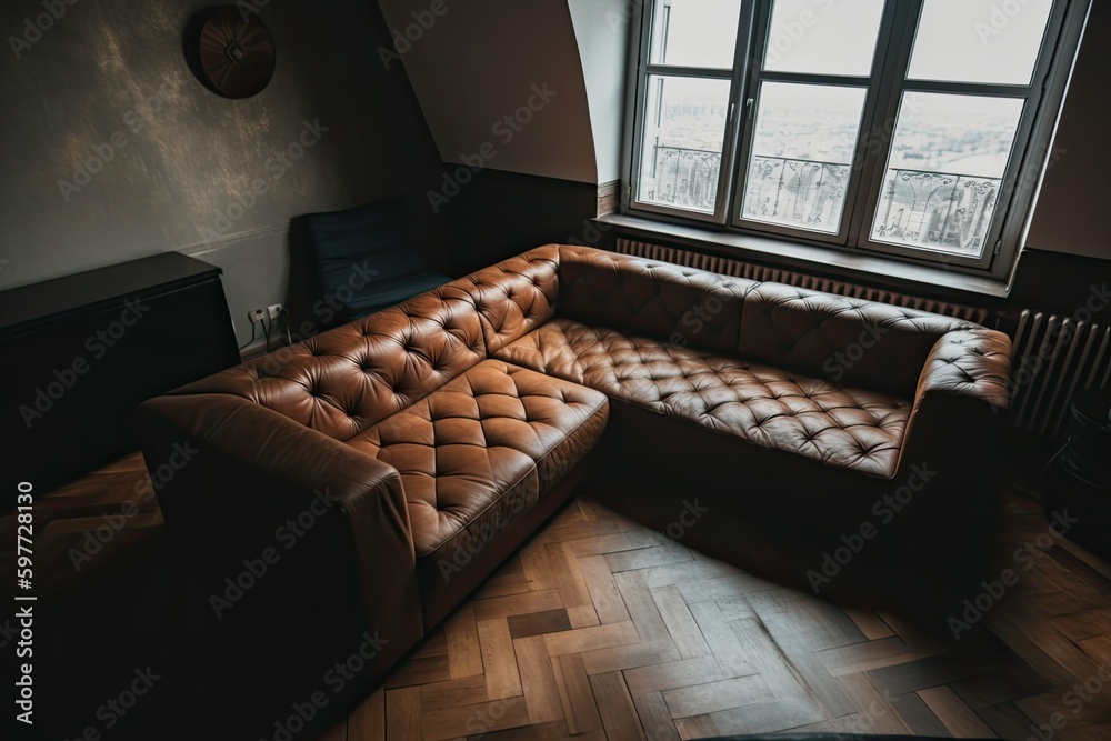 cozy living room with a brown leather couch and natural light streaming in from a window. Generative