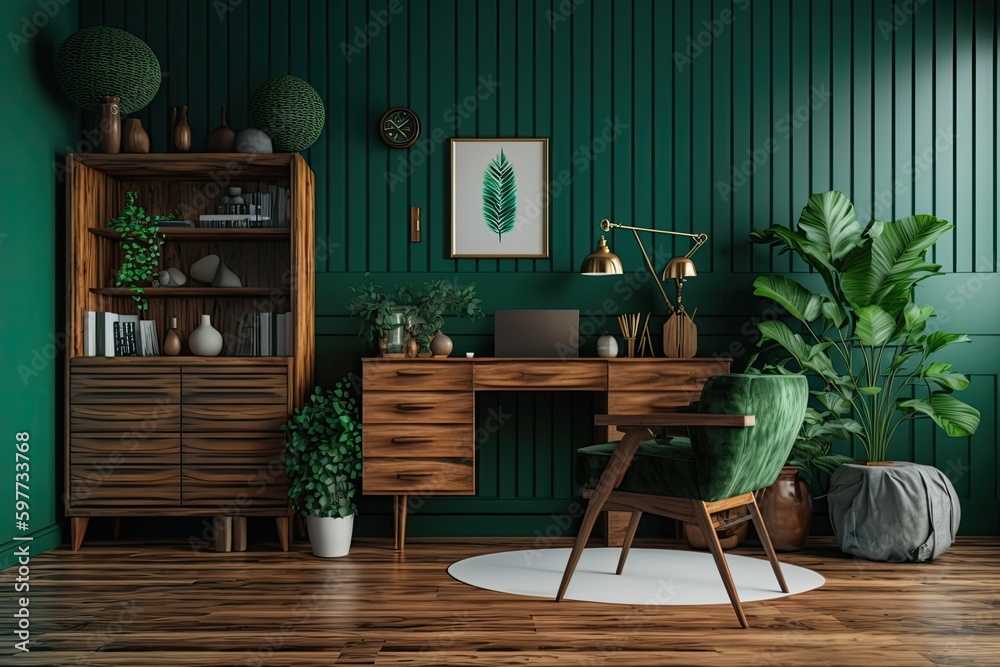 cozy workspace with green walls and wooden desk. Generative AI