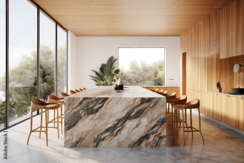 modern kitchen with sleek marble countertops and elegant wooden cabinets. Generative AI